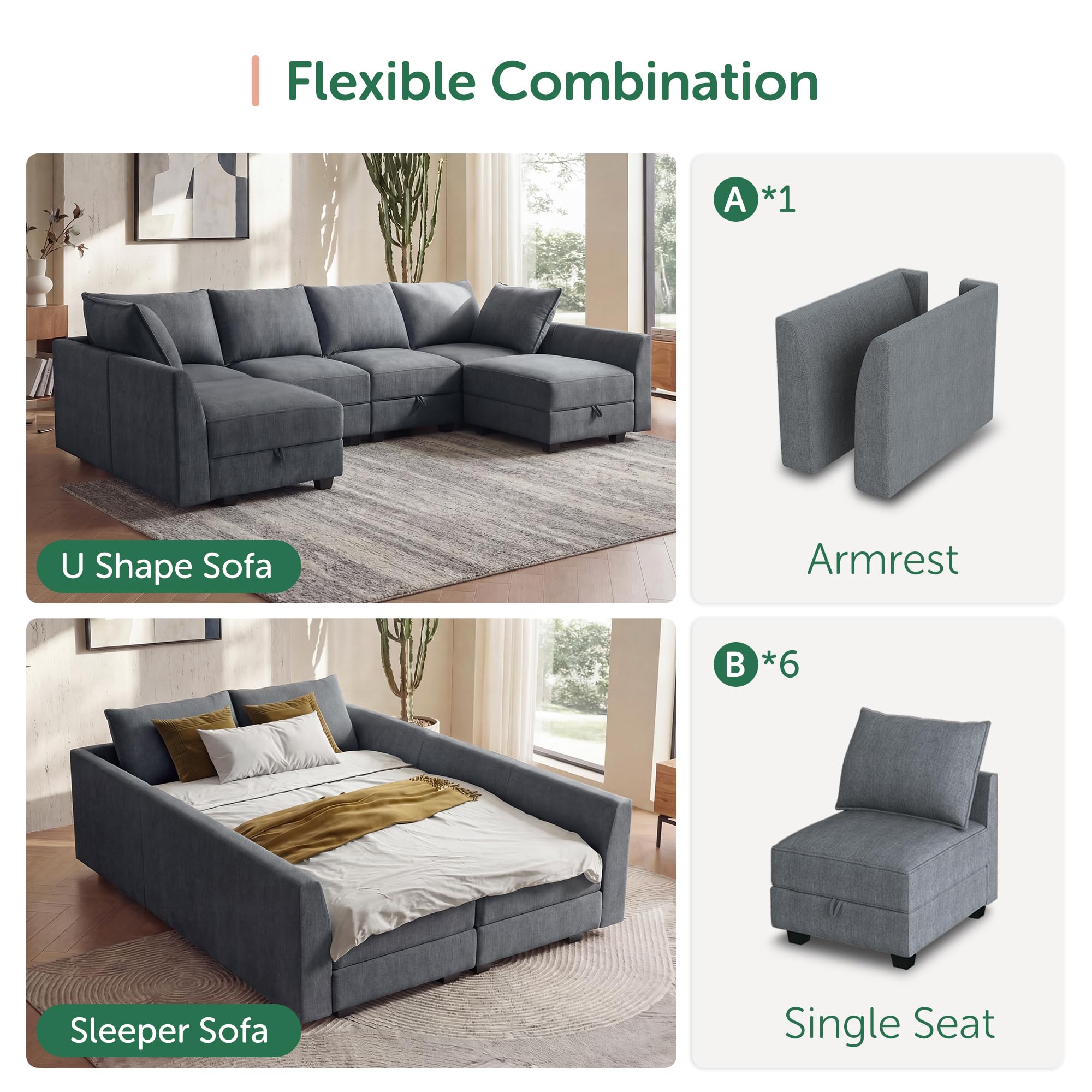 HONBAY Modular Sectional Couch U-Shaped Modular Sofa, Sectional